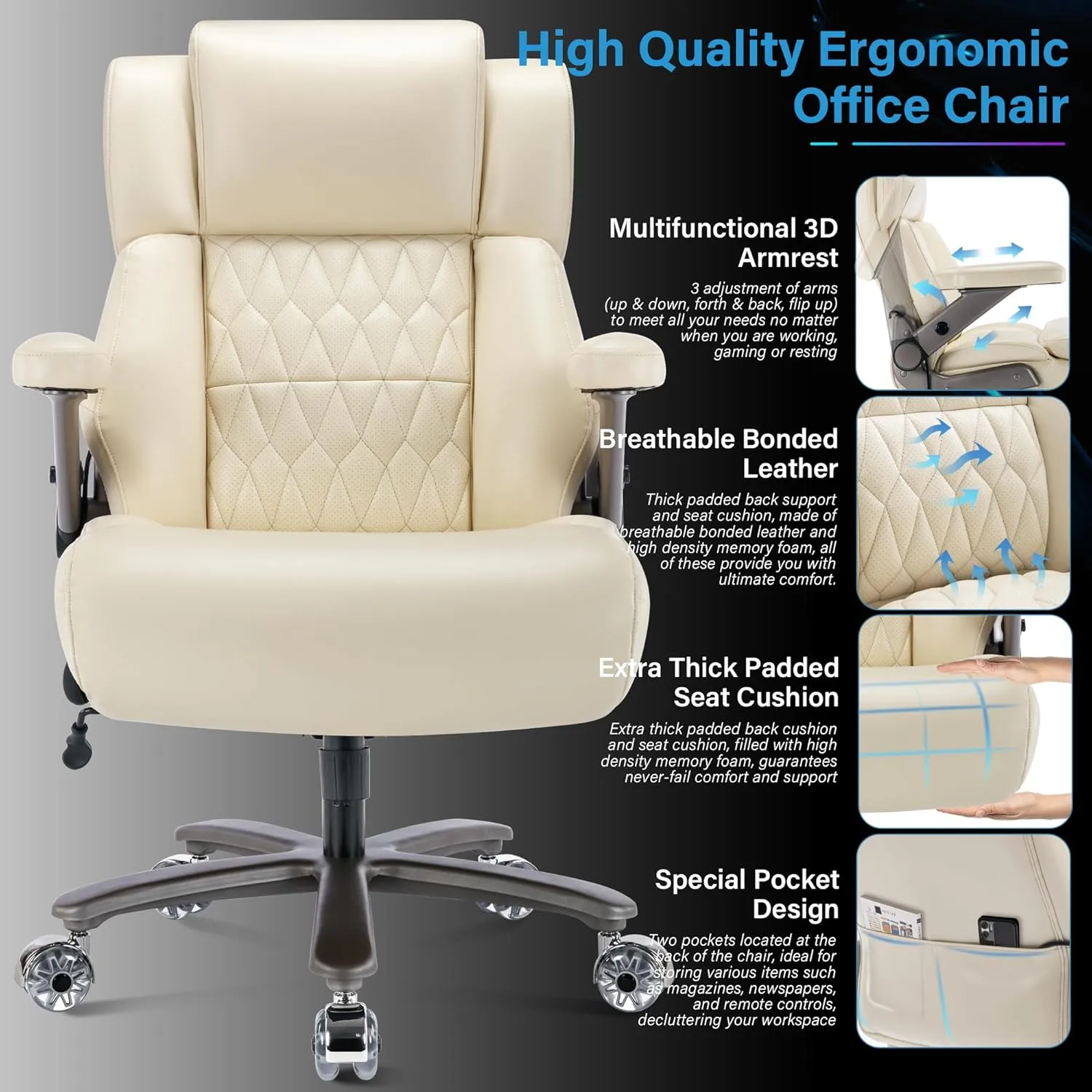 Big and Tall 500lbs Office Chair - Adjustable Lumbar Support 3D Flip Arms Heavy Duty Metal Base&Wheels, High Back Large Executive Computer Desk Chair, Thick Padded Ergonomic Design for Back Pain