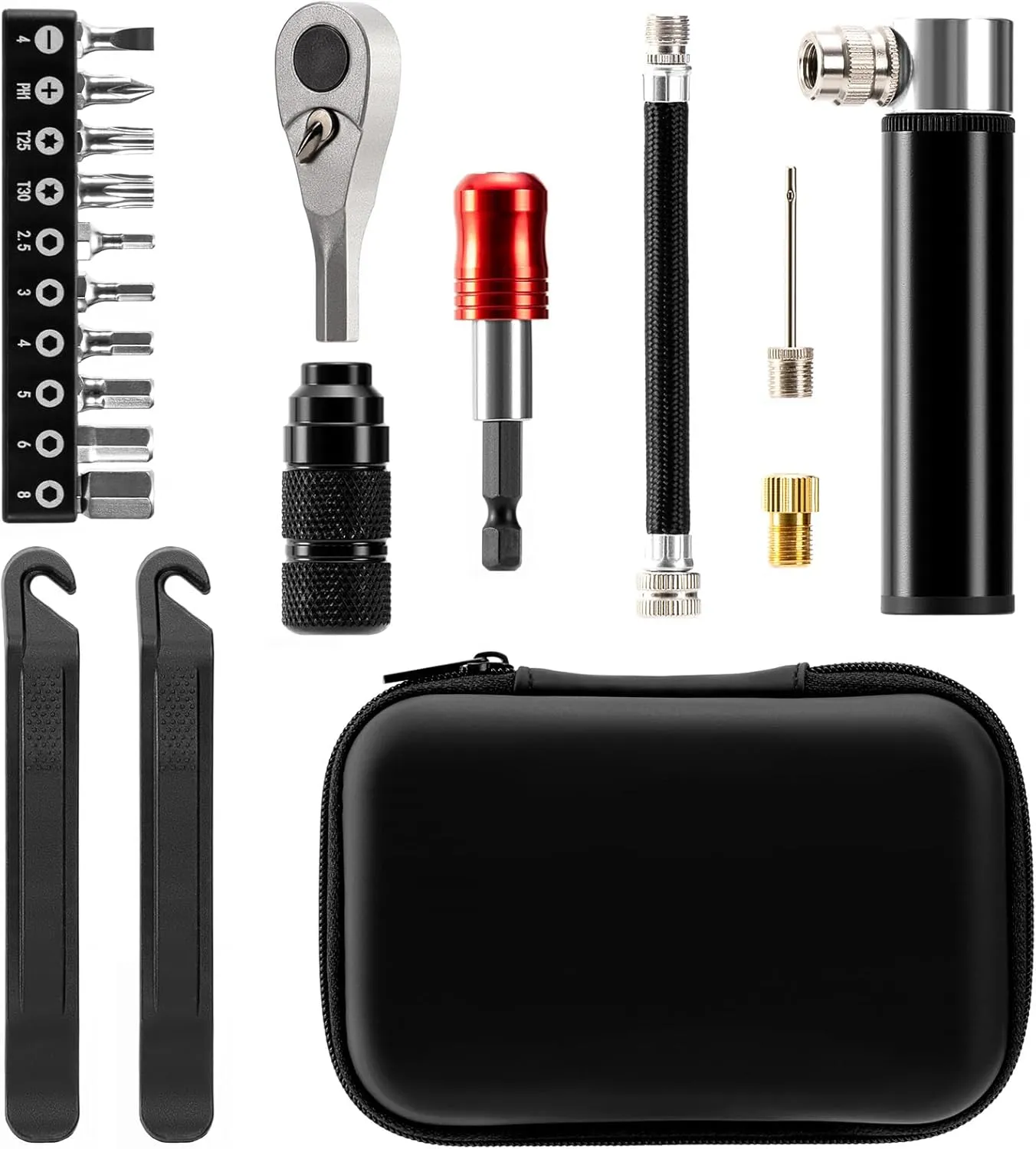 Bike Repair Tool Kit with Mini Pump & 10 Magnetic Bits - Fathers Day Gift for Dad - Alloy Multitool for Bicycle - Portable Multifunction Tool Set Include Tire Inflator for Presta/Schrader Valves
