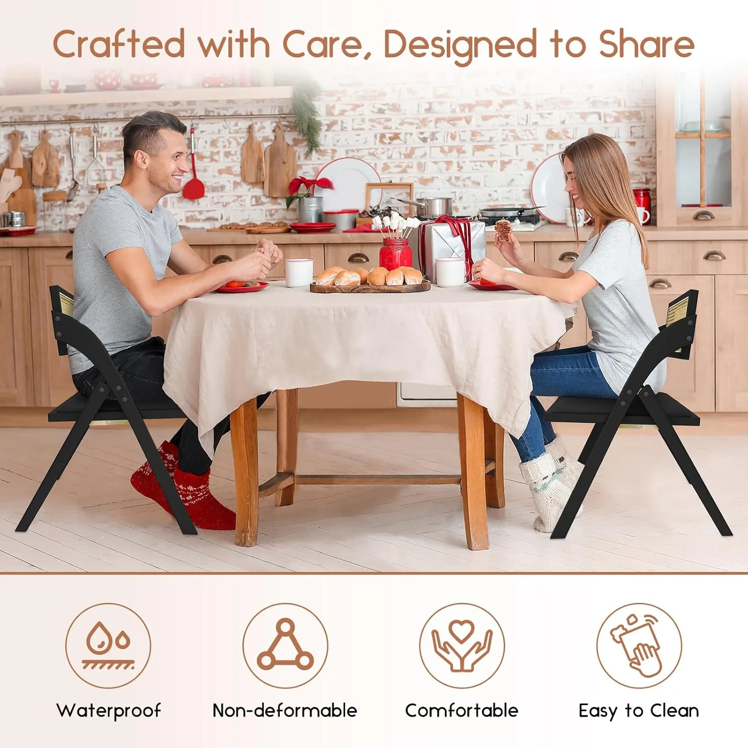 Black Folding Dining Chairs Set of 2, Wooden Foldable Chair, Modern Mid Century Leather Rattan Dining Room Chairs with Padded Cushion for Kitchen, Living Room, Small Space