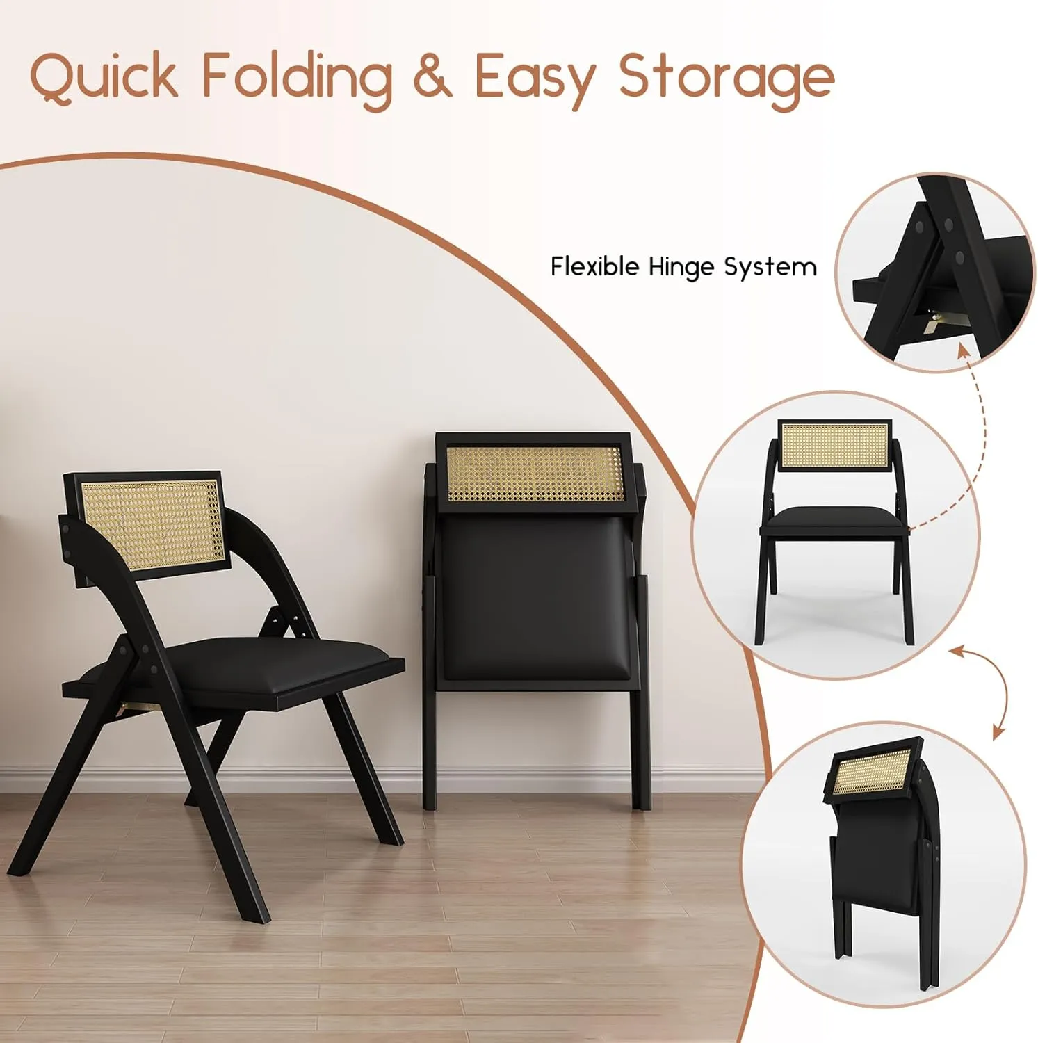 Black Folding Dining Chairs Set of 2, Wooden Foldable Chair, Modern Mid Century Leather Rattan Dining Room Chairs with Padded Cushion for Kitchen, Living Room, Small Space