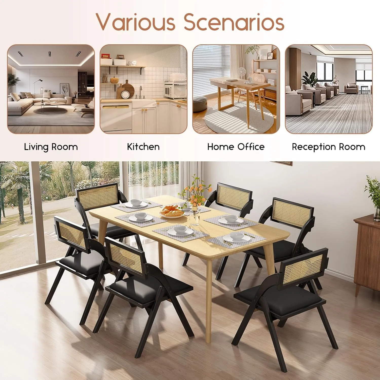 Black Folding Dining Chairs Set of 2, Wooden Foldable Chair, Modern Mid Century Leather Rattan Dining Room Chairs with Padded Cushion for Kitchen, Living Room, Small Space