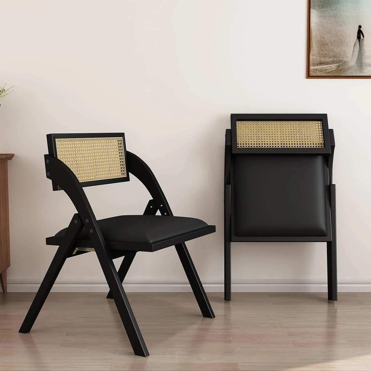 Black Folding Dining Chairs Set of 2, Wooden Foldable Chair, Modern Mid Century Leather Rattan Dining Room Chairs with Padded Cushion for Kitchen, Living Room, Small Space