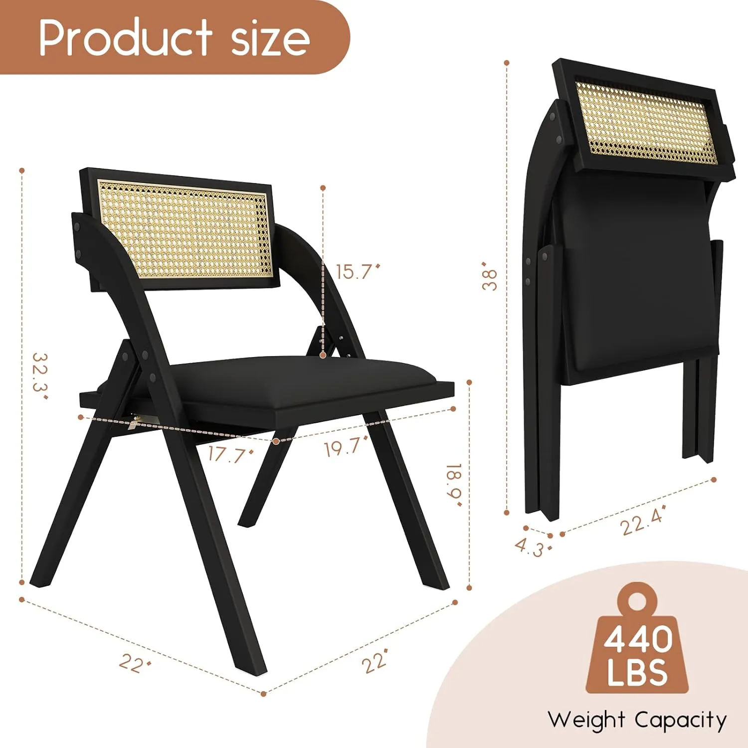 Black Folding Dining Chairs Set of 2, Wooden Foldable Chair, Modern Mid Century Leather Rattan Dining Room Chairs with Padded Cushion for Kitchen, Living Room, Small Space