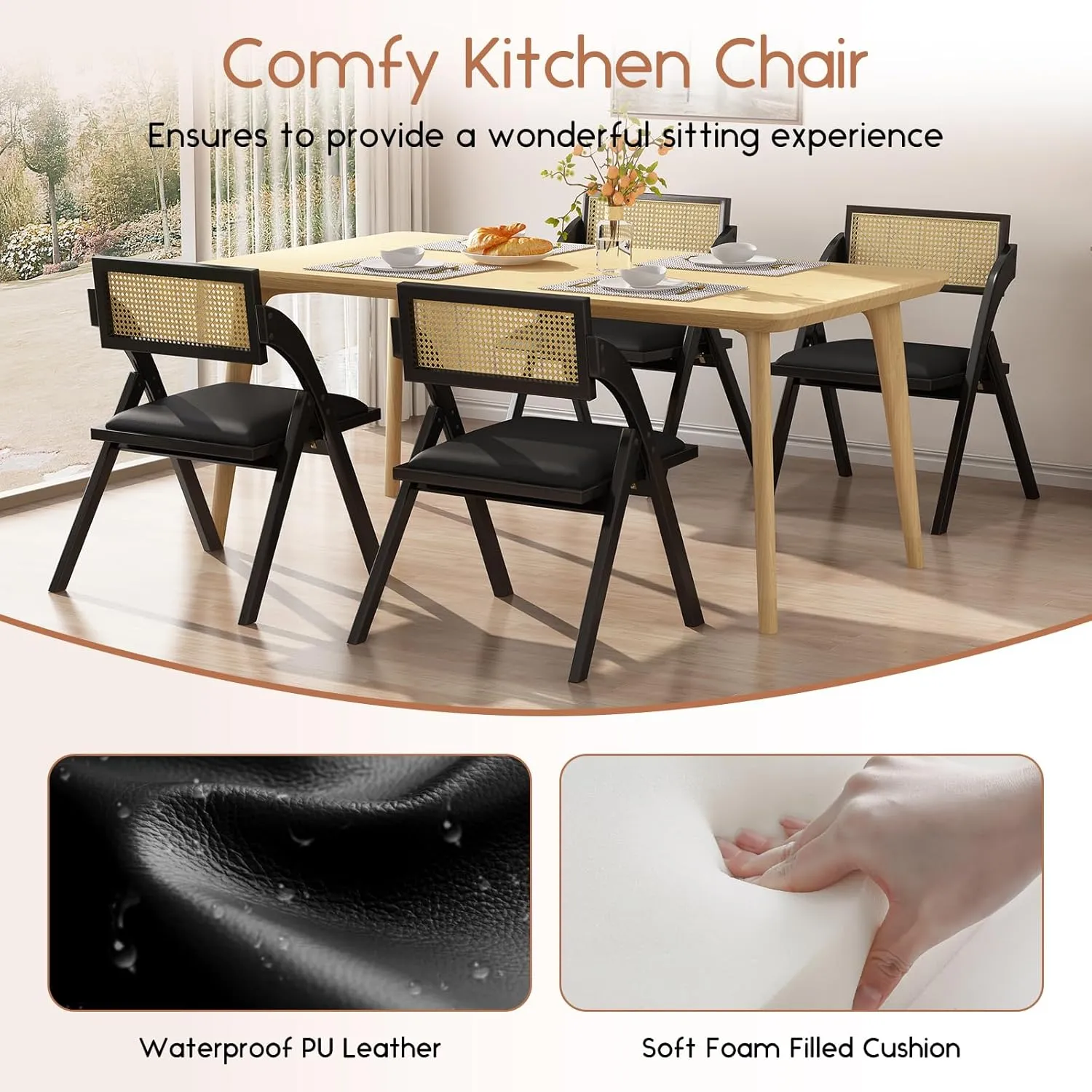 Black Folding Dining Chairs Set of 2, Wooden Foldable Chair, Modern Mid Century Leather Rattan Dining Room Chairs with Padded Cushion for Kitchen, Living Room, Small Space