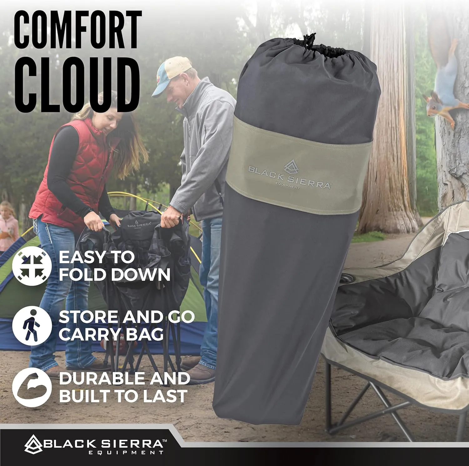 Black Sierra Oversized Camping Chair for Adults, Heavy Duty Outdoor Seat with Plush Padding, Supports 400lbs, Cup Holders & Carry Bag, Comfortable Folding Chair for Tailgating, Patio & Sideline Events