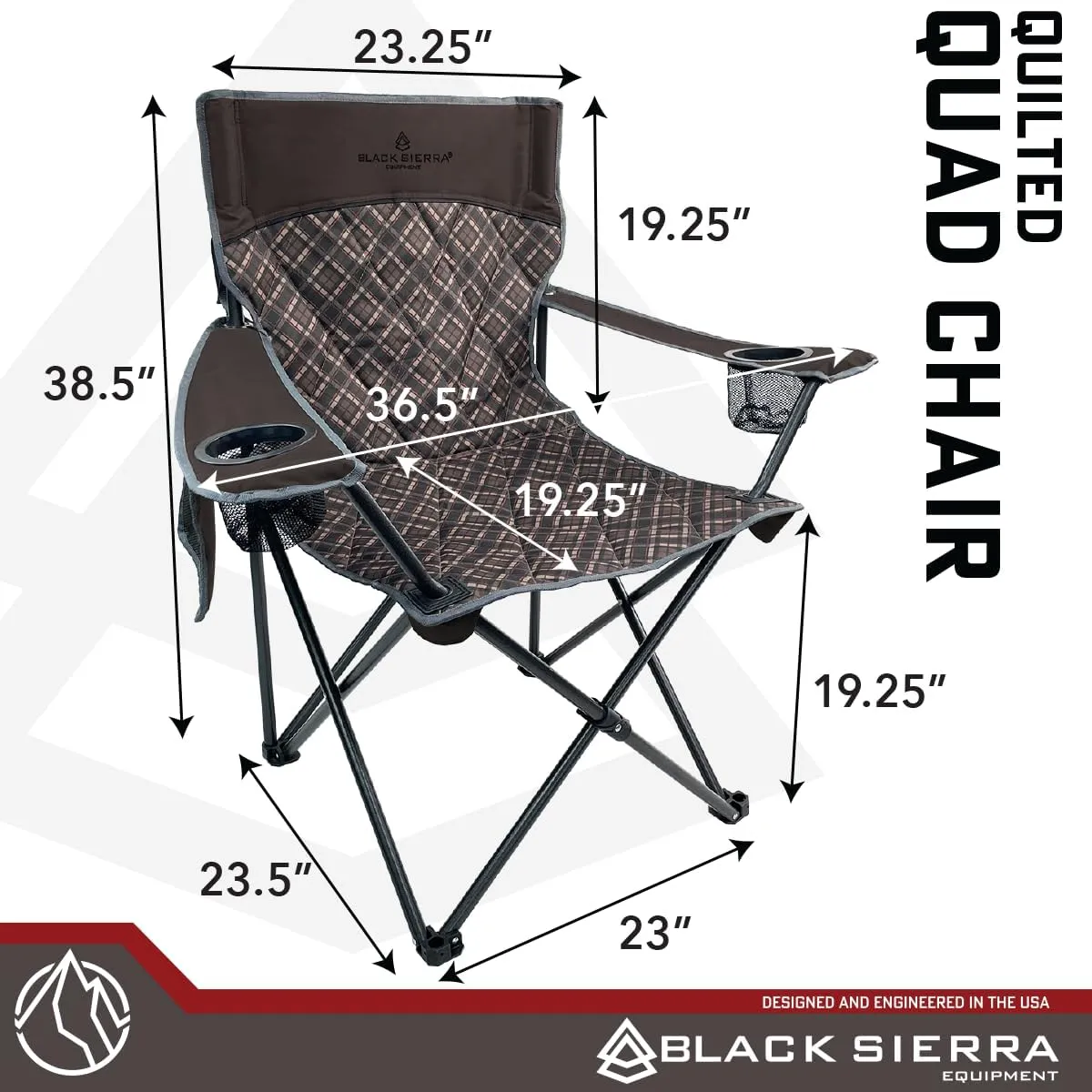 Black Sierra Oversized Camping Folding Chair, Heavy Duty Outdoor Seat Supports 300 lbs with Steel Frame, Collapsible Quilted Padded Plaid Camp Bag Chair for Tailgating, Sports Games Patio