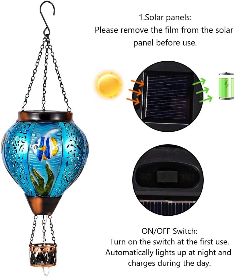 Blue Fish Hot Air Balloon Solar Lantern with Flickering Flame Hanging Solar Lanterns Outdoor Waterproof,LED Metal Hot Air Balloon Lights for Patio Yard Garden Decor,Mother Day Gifts for Women