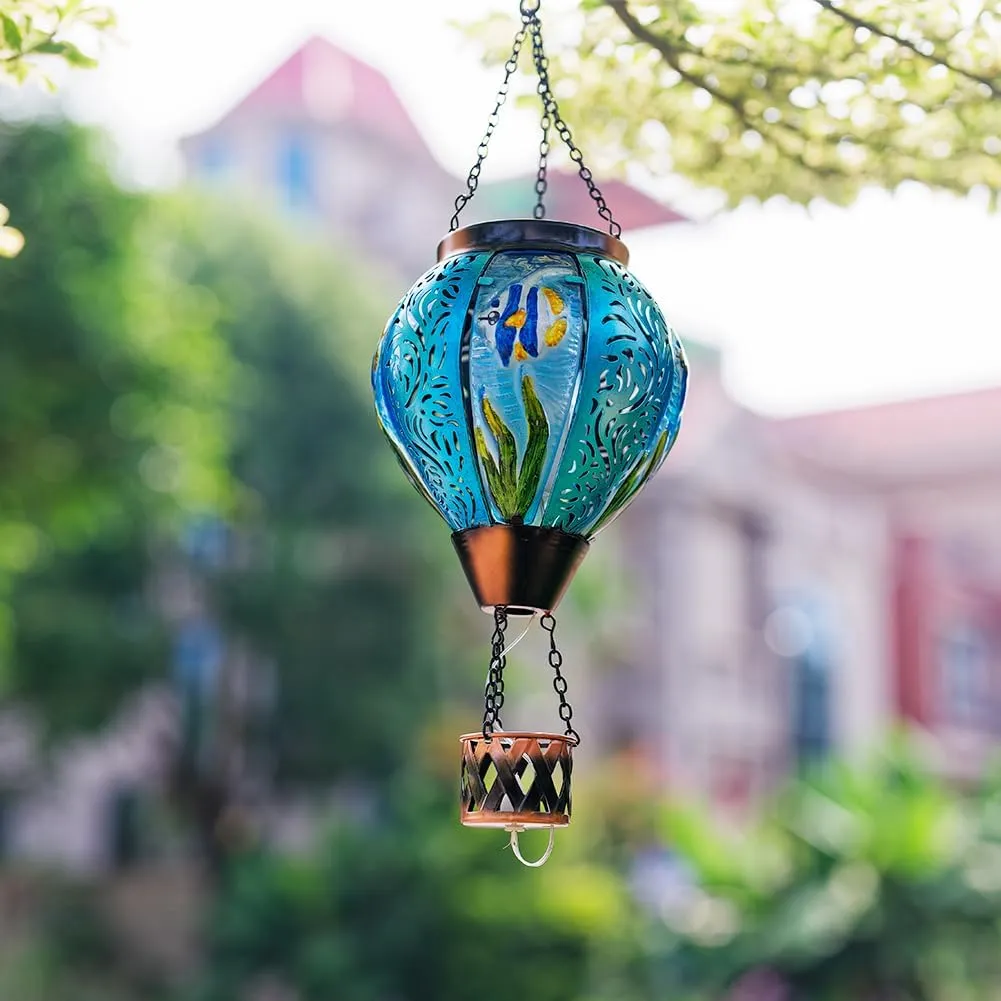 Blue Fish Hot Air Balloon Solar Lantern with Flickering Flame Hanging Solar Lanterns Outdoor Waterproof,LED Metal Hot Air Balloon Lights for Patio Yard Garden Decor,Mother Day Gifts for Women