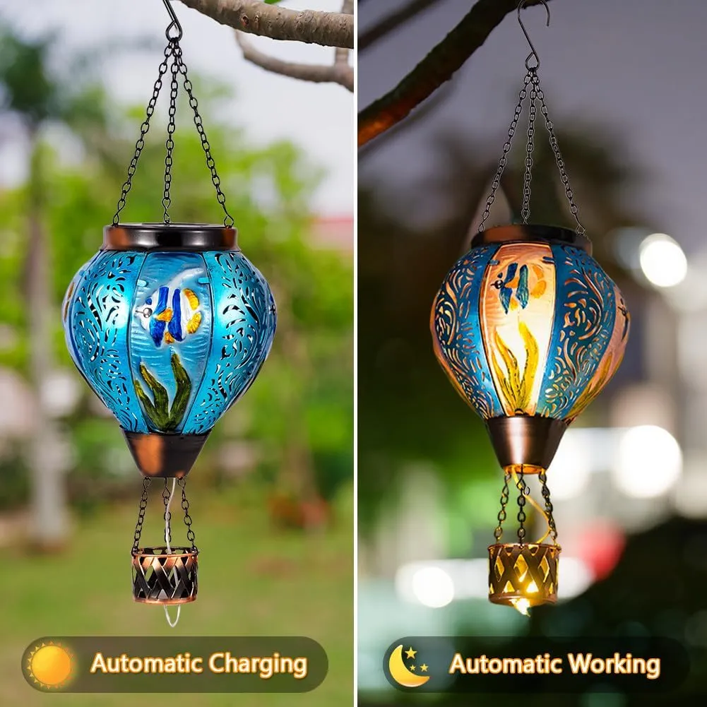 Blue Fish Hot Air Balloon Solar Lantern with Flickering Flame Hanging Solar Lanterns Outdoor Waterproof,LED Metal Hot Air Balloon Lights for Patio Yard Garden Decor,Mother Day Gifts for Women