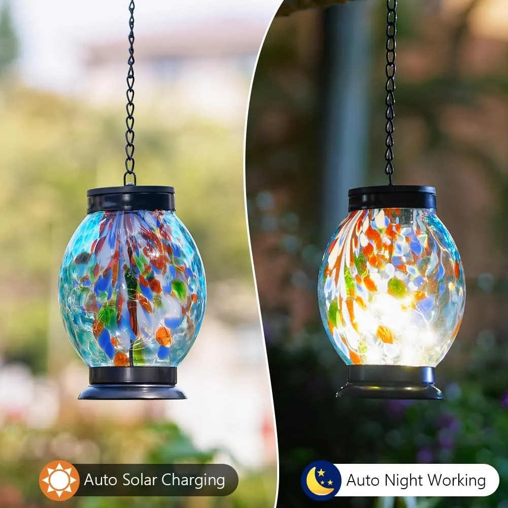Blue Glass Solar Lanterns Outdoor Waterproof,Garden Decorative Lanterns with Metal Chain,21" Hanging Solar Lights for Patio Pathway Table Porch Yard Decor,Birthday Gifts for Women Mom
