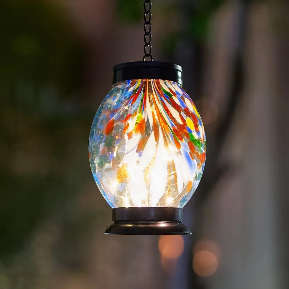 Blue Glass Solar Lanterns Outdoor Waterproof,Garden Decorative Lanterns with Metal Chain,21" Hanging Solar Lights for Patio Pathway Table Porch Yard Decor,Birthday Gifts for Women Mom