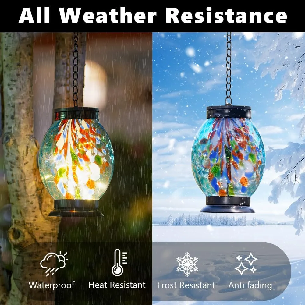 Blue Glass Solar Lanterns Outdoor Waterproof,Garden Decorative Lanterns with Metal Chain,21" Hanging Solar Lights for Patio Pathway Table Porch Yard Decor,Birthday Gifts for Women Mom
