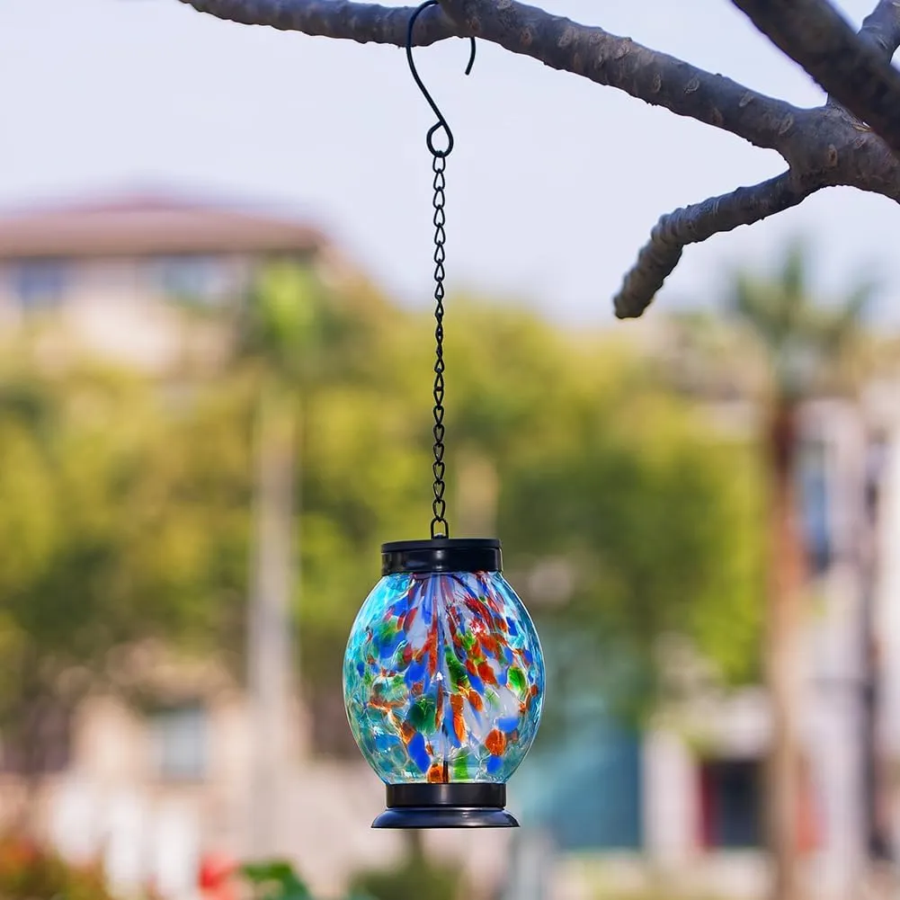 Blue Glass Solar Lanterns Outdoor Waterproof,Garden Decorative Lanterns with Metal Chain,21" Hanging Solar Lights for Patio Pathway Table Porch Yard Decor,Birthday Gifts for Women Mom