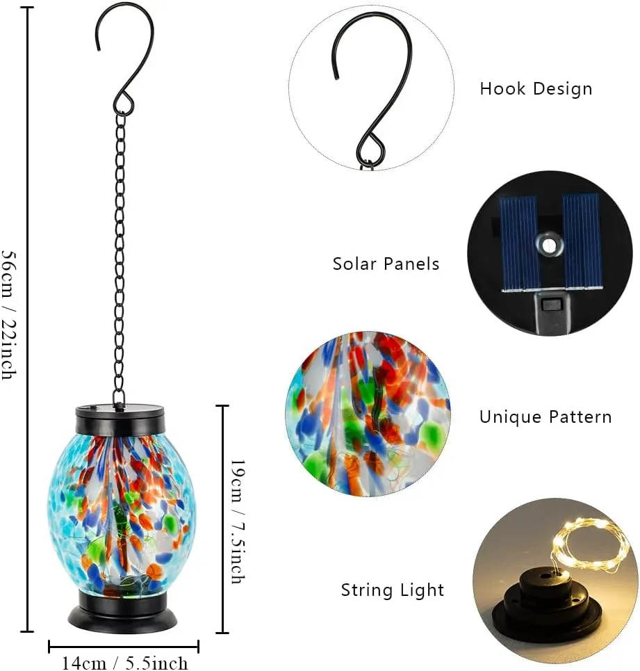 Blue Glass Solar Lanterns Outdoor Waterproof,Garden Decorative Lanterns with Metal Chain,21" Hanging Solar Lights for Patio Pathway Table Porch Yard Decor,Birthday Gifts for Women Mom