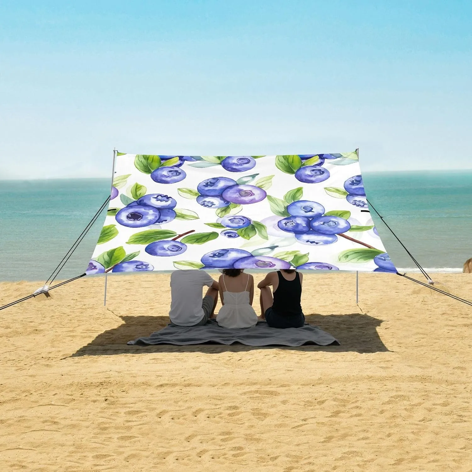 Blueberry Juicy White Blue Tent Beach Canopy Outdoor Patio Sun Shade Shades Camping Sun Shelter Custom 9.2 × 10.5 FT Shelters with Sand Bags Poles