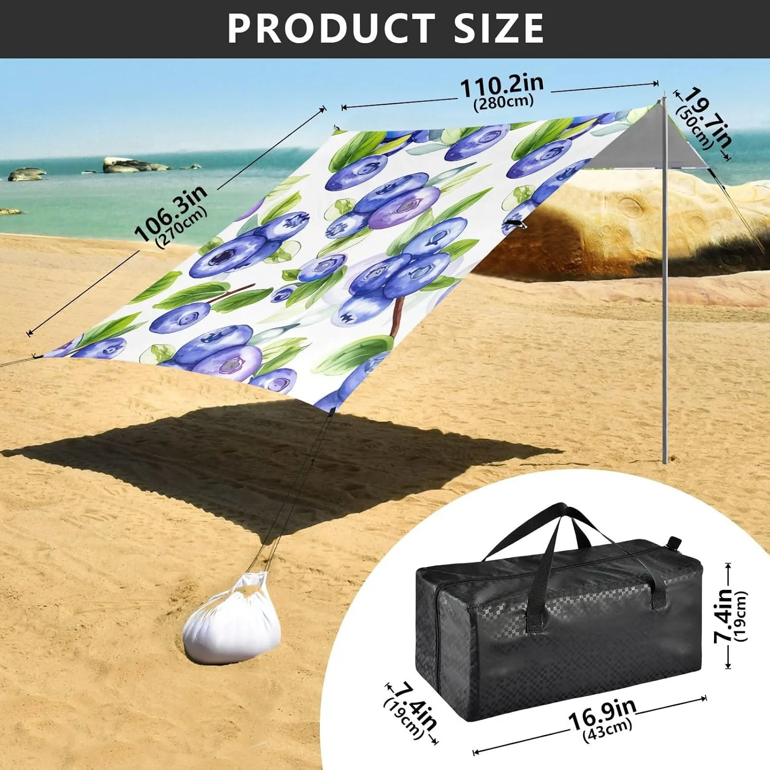 Blueberry Juicy White Blue Tent Beach Canopy Outdoor Patio Sun Shade Shades Camping Sun Shelter Custom 9.2 × 10.5 FT Shelters with Sand Bags Poles