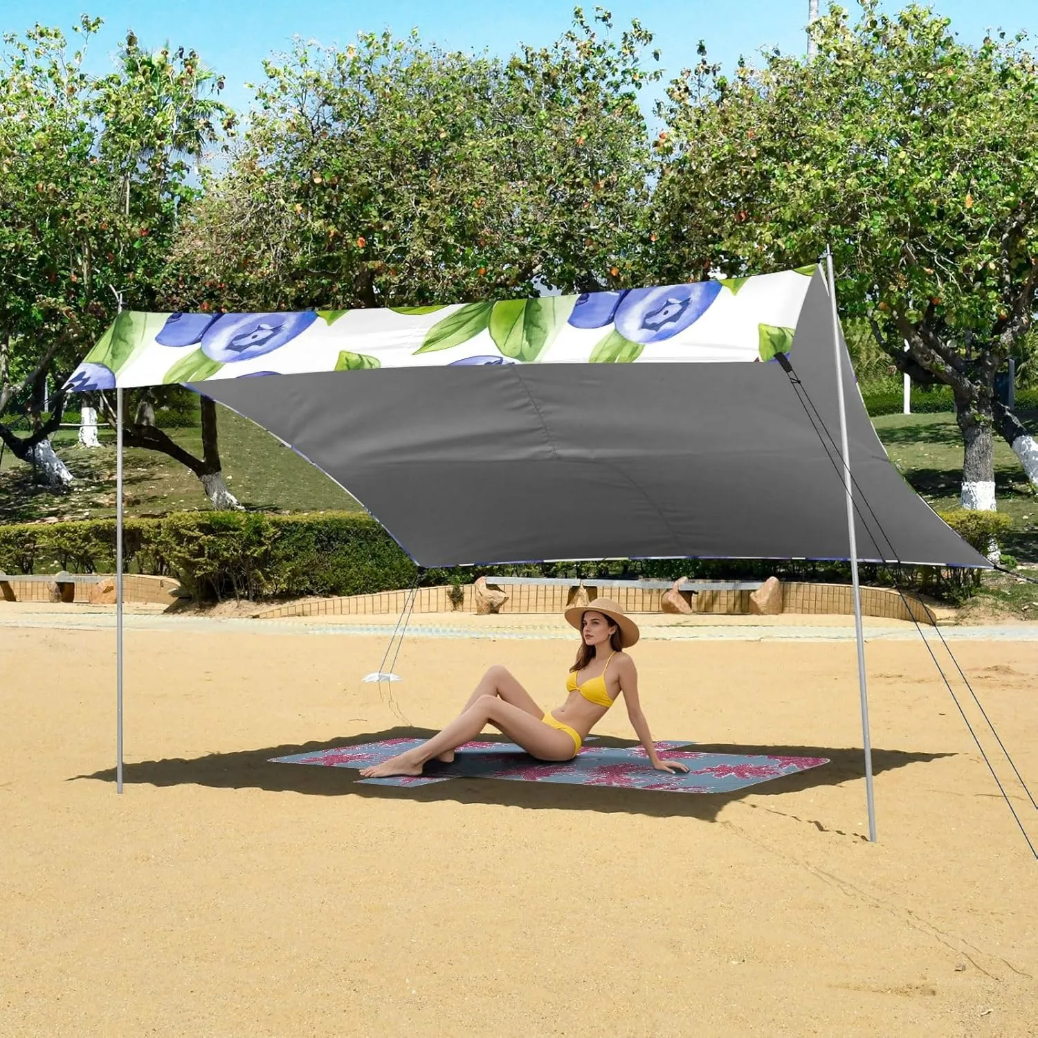 Blueberry Juicy White Blue Tent Beach Canopy Outdoor Patio Sun Shade Shades Camping Sun Shelter Custom 9.2 × 10.5 FT Shelters with Sand Bags Poles