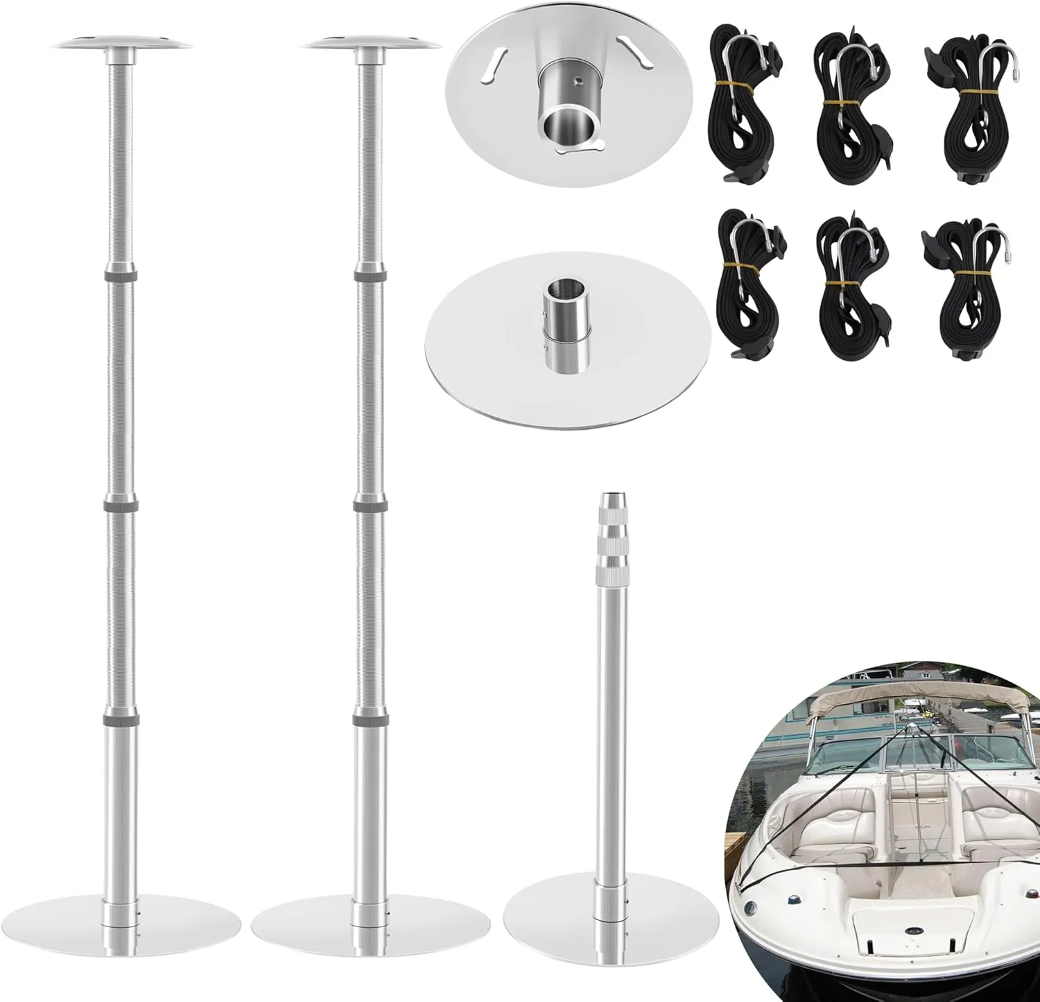 ﻿Boat Cover Support Poles,Stainless Steel Boat Cover Support System Pole,Telescoping and Adjustable Height, Boat Adjustable Support Pole with Stable Stainless Steel Base (Telescoping (Pack 2))