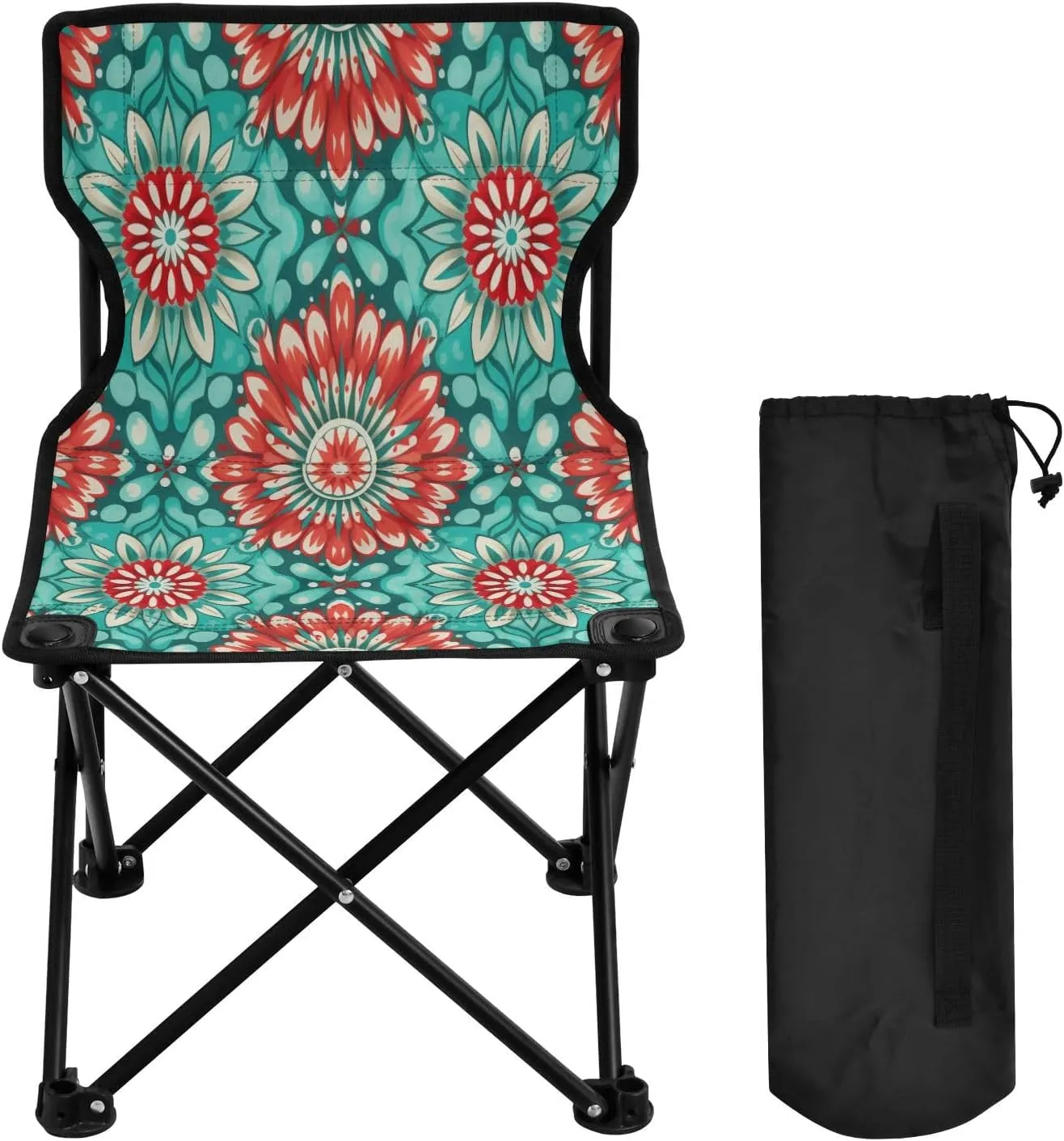 Boho Floral Portable Outdoor Folding Chair Anti-Slip Padded Oxford Cloth Stool Camping Chair Small for Beach Hiking Fishing Gardening Quad Camp Chair