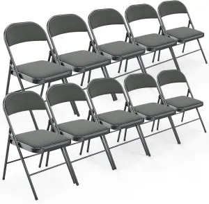 Bonnlo Folding Chair, Padded Folding Chairs with Cushion, Back and Steel Frame for Indoor Outdoor Outside Dinning Office Camping Use, Gray, 10 Pack