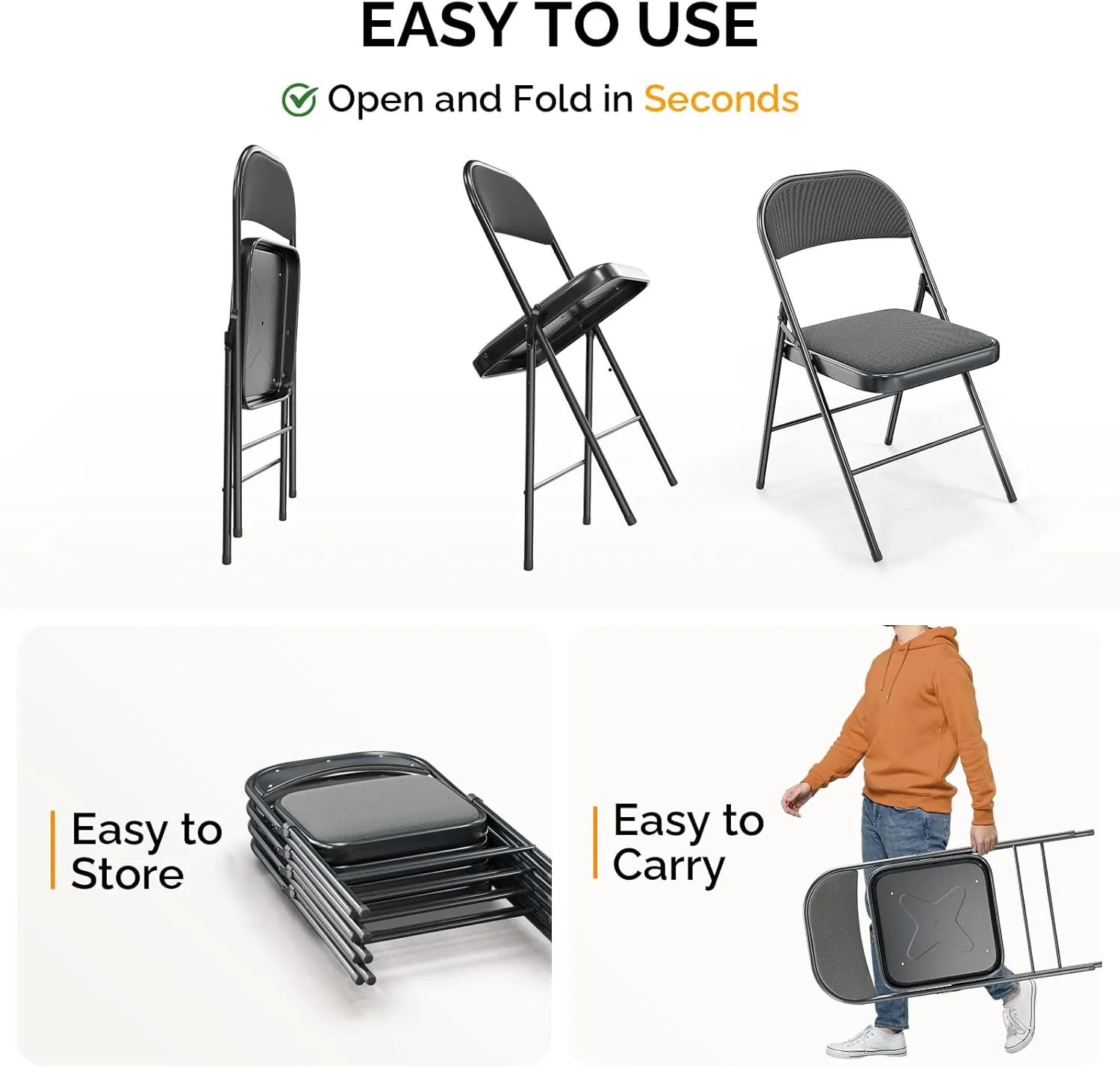 Bonnlo Folding Chair, Padded Folding Chairs with Cushion, Back and Steel Frame for Indoor Outdoor Outside Dinning Office Camping Use, Gray, 10 Pack