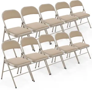 Bonnlo Folding Chair, Padded Folding Chairs with Cushion, Back and Steel Frame for Indoor Outdoor Outside Dinning Office Camping Use, Khaki, 10 Pack