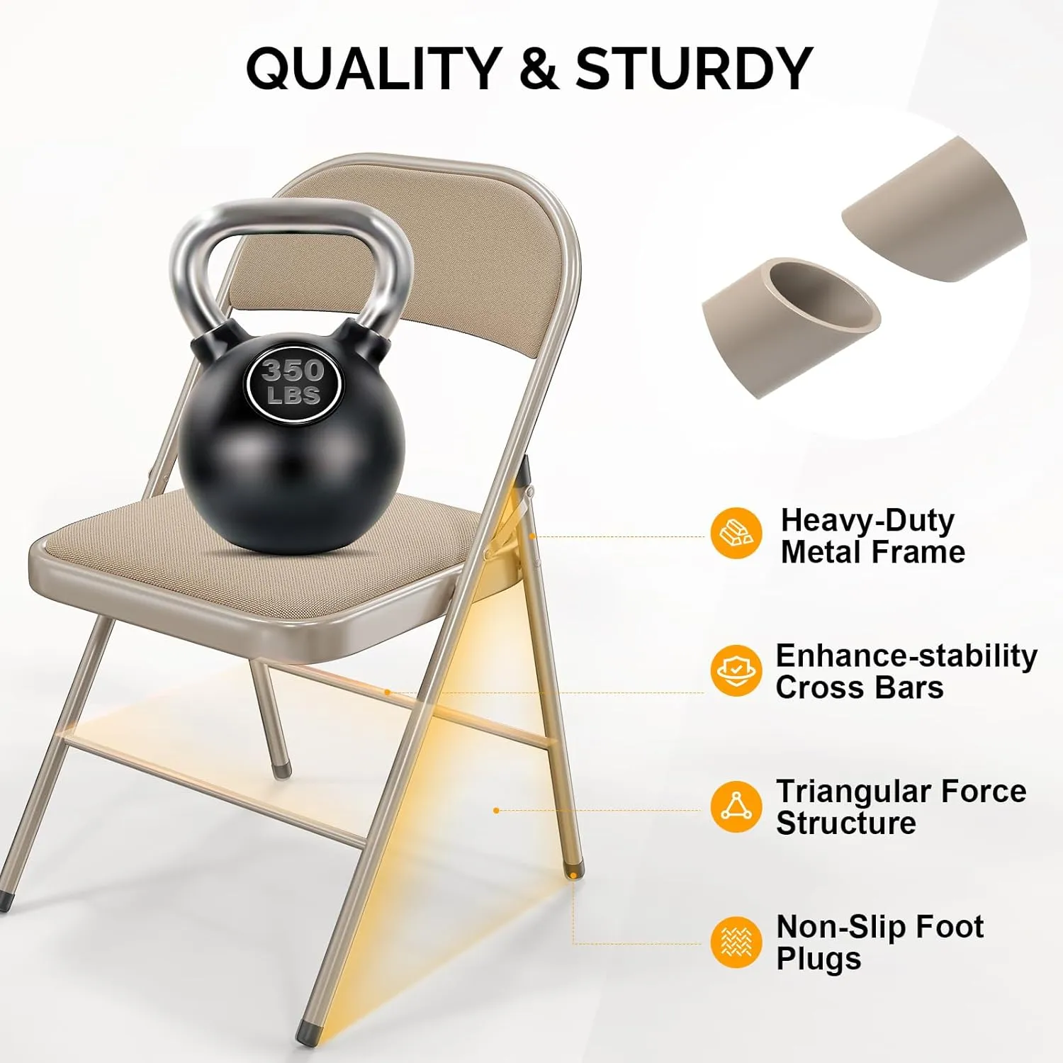 Bonnlo Folding Chair, Padded Folding Chairs with Cushion, Back and Steel Frame for Indoor Outdoor Outside Dinning Office Camping Use, Khaki, 10 Pack