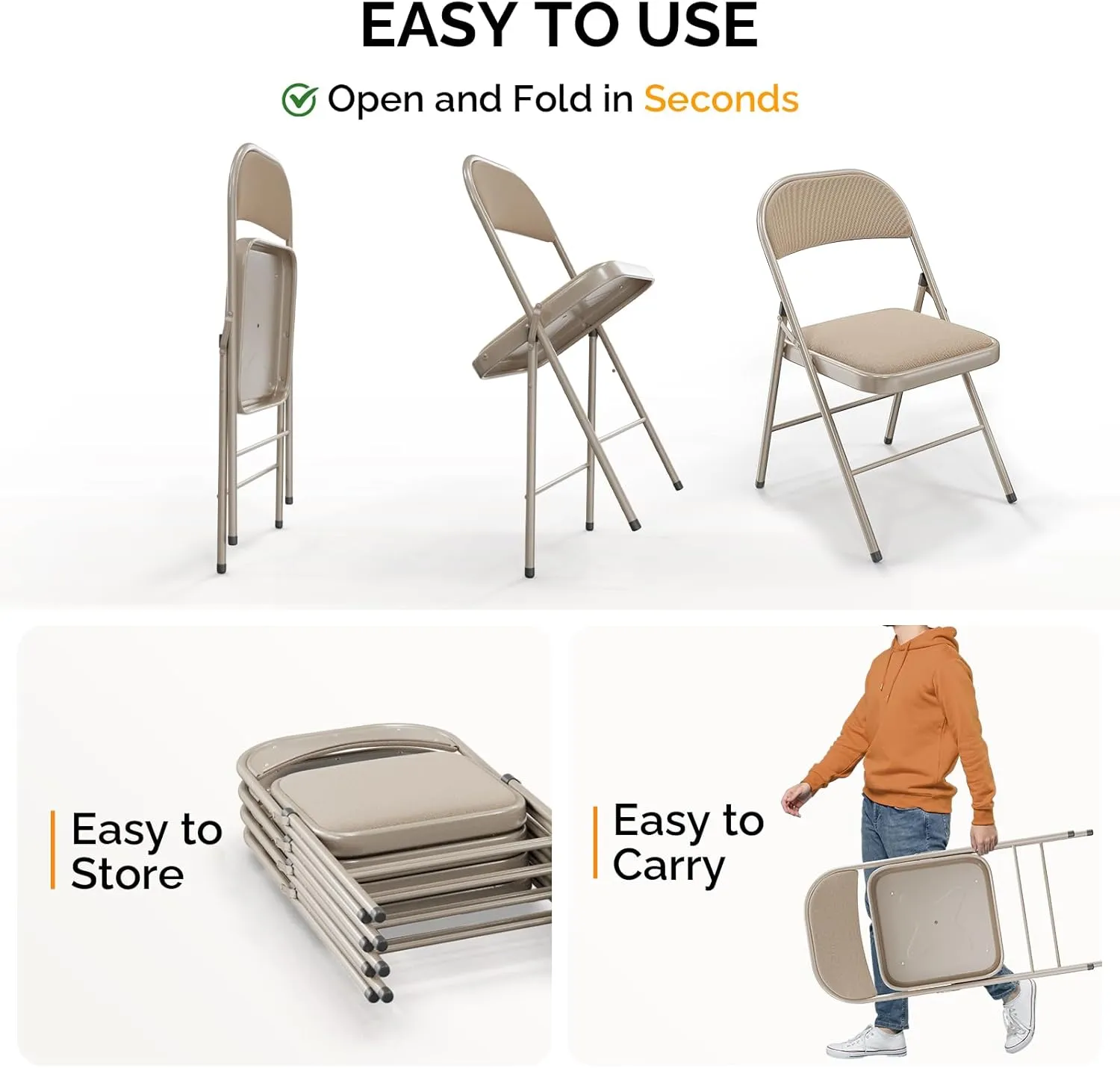 Bonnlo Folding Chair, Padded Folding Chairs with Cushion, Back and Steel Frame for Indoor Outdoor Outside Dinning Office Camping Use, Khaki, 10 Pack