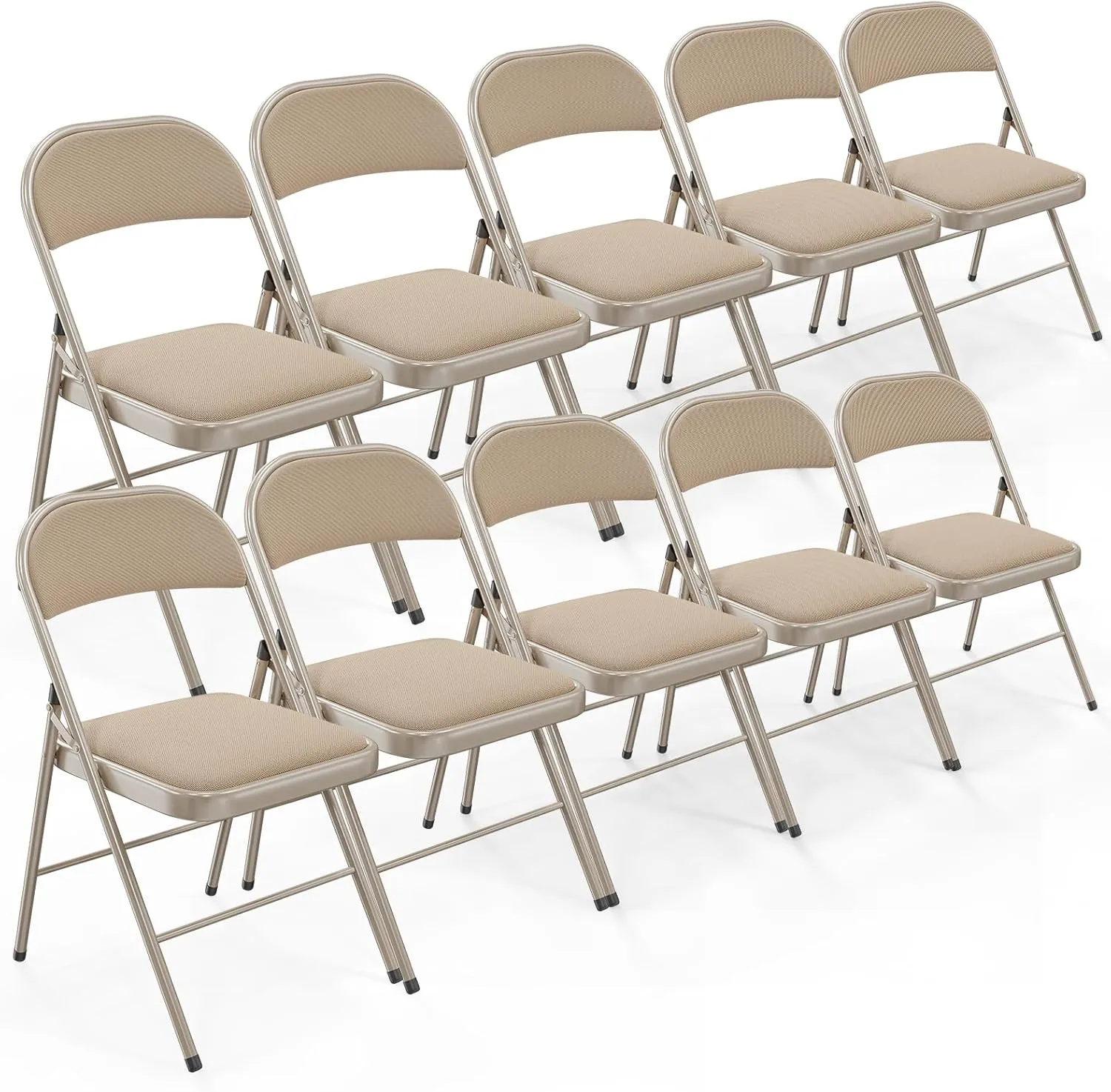 Bonnlo Folding Chair, Padded Folding Chairs with Cushion, Back and Steel Frame for Indoor Outdoor Outside Dinning Office Camping Use, Khaki, 10 Pack