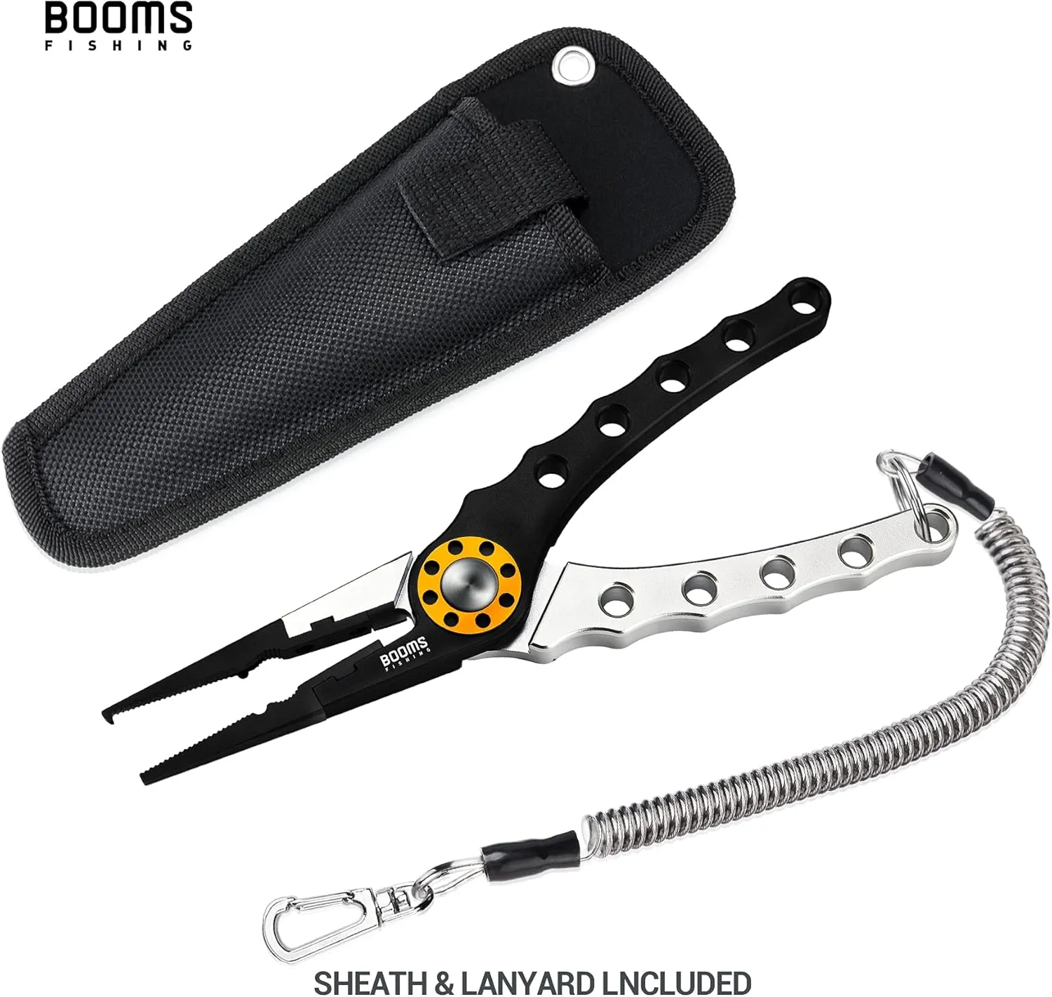 Booms Fishing X1 Aluminum Fishing Pliers Saltwater, Surf Fishing Tackle Kit, Fishing Multitool Hook Remover Braided Fishing Line Cutting and Split Ring with Coiled Lanyard and Sheath