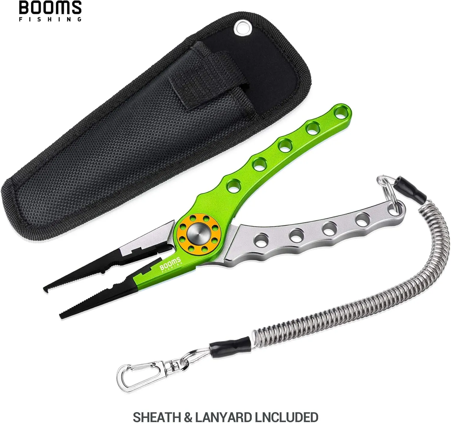 Booms Fishing X1 Aluminum Fishing Pliers Saltwater, Surf Fishing Tackle Kit, Fishing Multitool Hook Remover Braided Fishing Line Cutting and Split Ring with Coiled Lanyard and Sheath