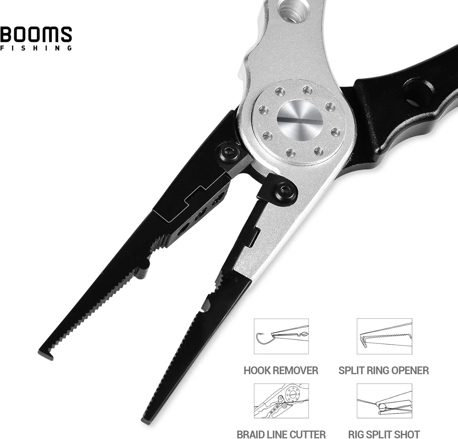 Booms Fishing X1 Aluminum Fishing Pliers Saltwater, Surf Fishing Tackle Kit, Fishing Multitool Hook Remover Braided Fishing Line Cutting and Split Ring with Coiled Lanyard and Sheath