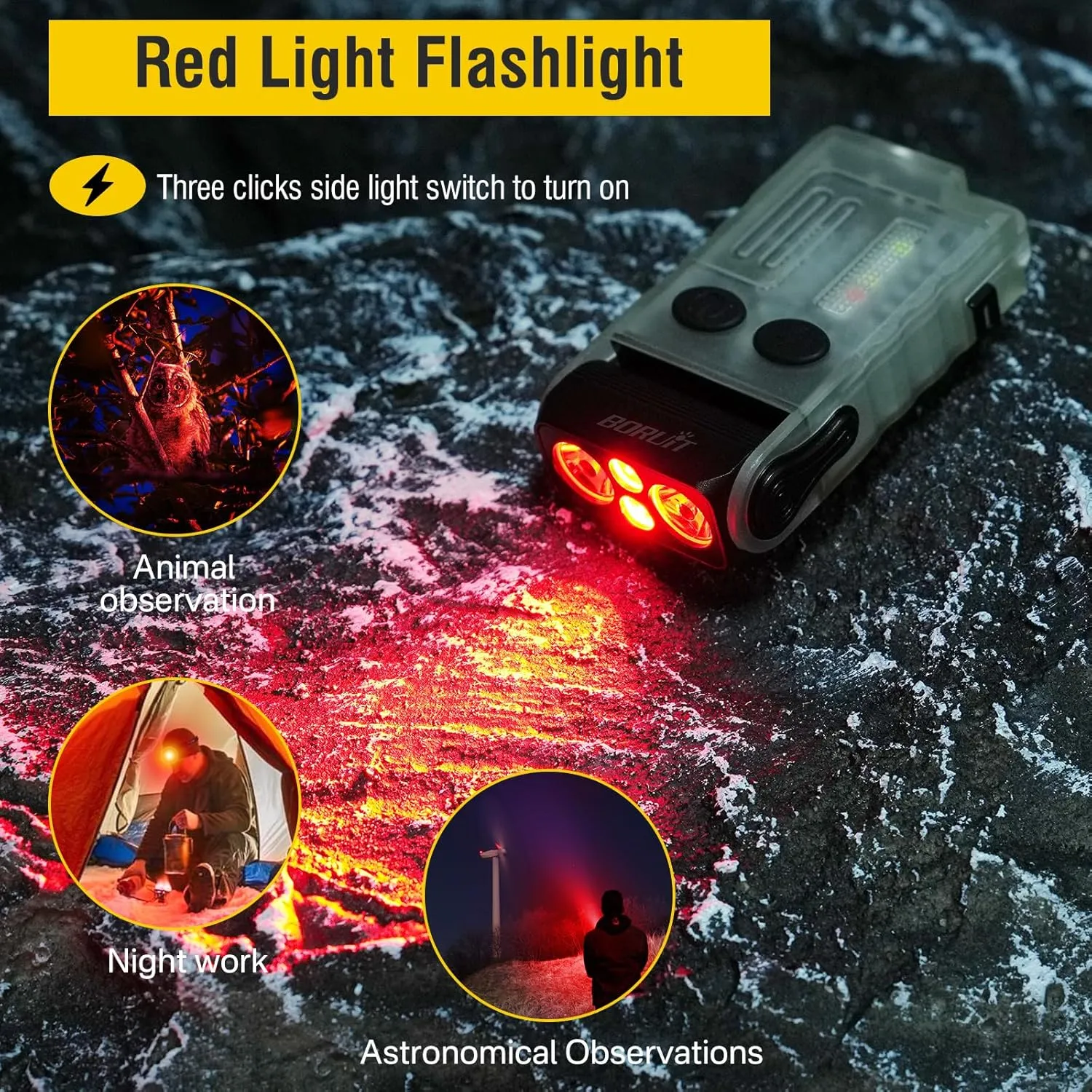 BORUIT V20 Small Powerful Flashlight Super Bright with Red Blue Warm Light, 180° Head Swivels 110dB Buzzer - Mini Keychain Pocket Rechargeable LED Flashlights USB EDC Clip Flash Light