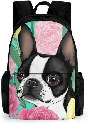 Boston Terrier Dog Florals Art Rucksacks Lightweight Multipurpose Anti-Theft Shoulder Bag Big Capacity Laptop Book Bag Rucksack With Padded Straps