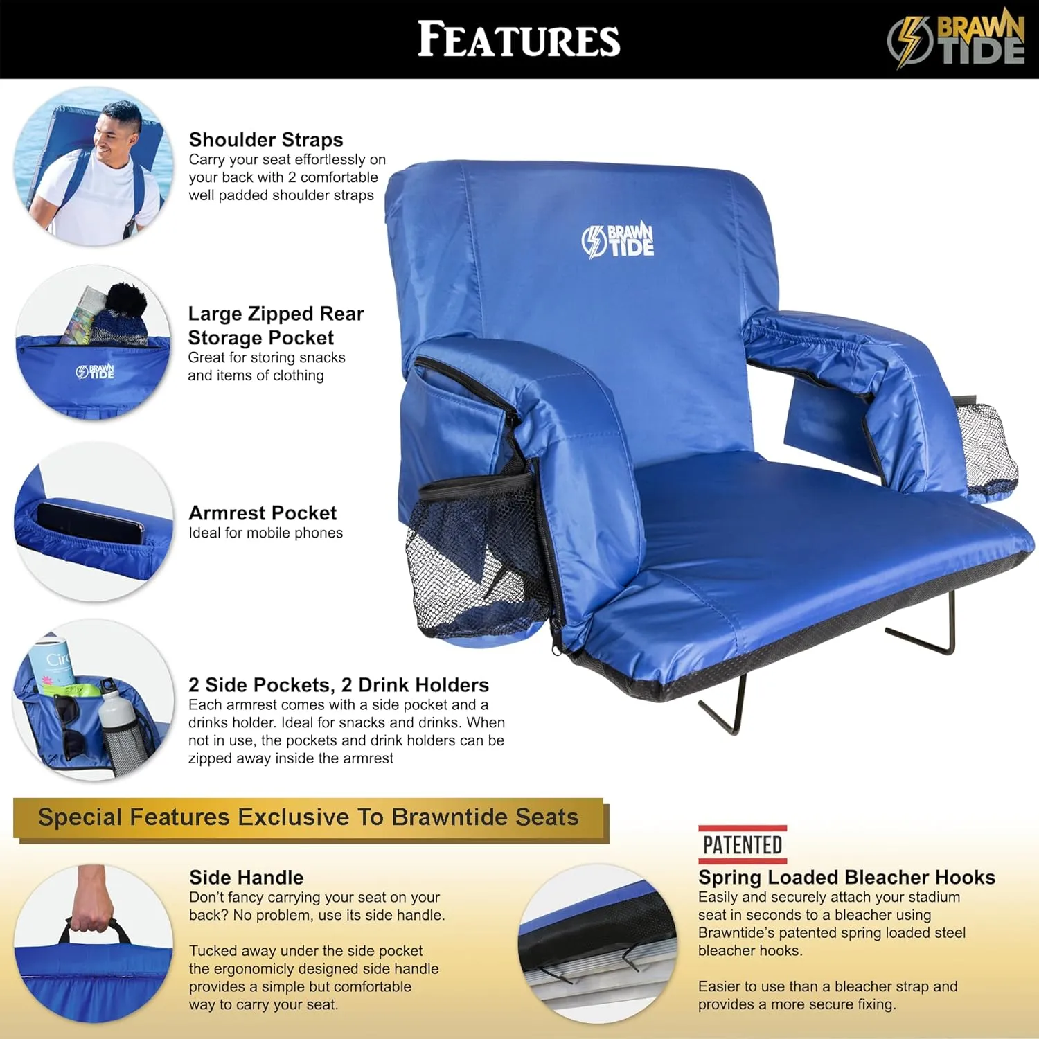 BRAWNTIDE Stadium Seat with Back Support - Comfy Cushion, Thick Padding, 2 Steel Bleacher Hooks, 4 Pockets, 2 Cup Holders, Reclining Back, Ideal Chair for Sport Events, Beaches, Camping, Concerts
