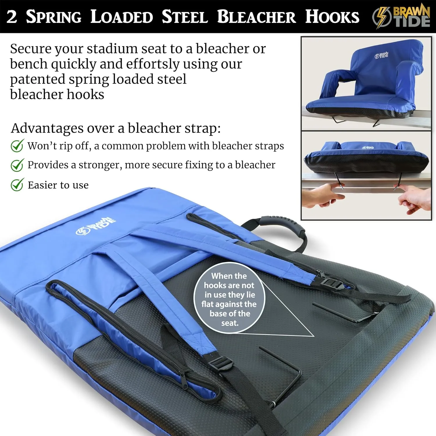 BRAWNTIDE Stadium Seat with Back Support - Comfy Cushion, Thick Padding, 2 Steel Bleacher Hooks, 4 Pockets, 2 Cup Holders, Reclining Back, Ideal Chair for Sport Events, Beaches, Camping, Concerts