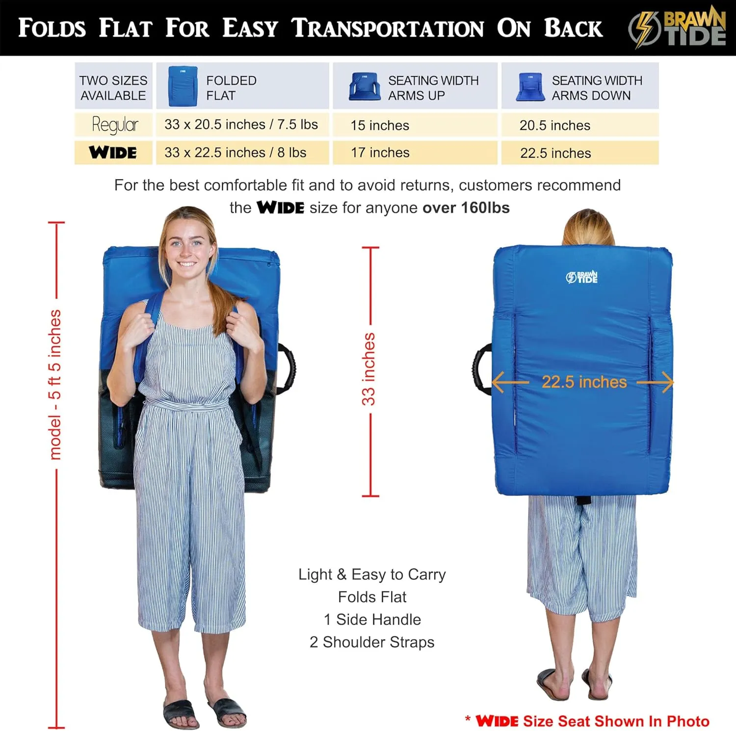 BRAWNTIDE Stadium Seat with Back Support - Comfy Cushion, Thick Padding, 2 Steel Bleacher Hooks, 4 Pockets, 2 Cup Holders, Reclining Back, Ideal Chair for Sport Events, Beaches, Camping, Concerts