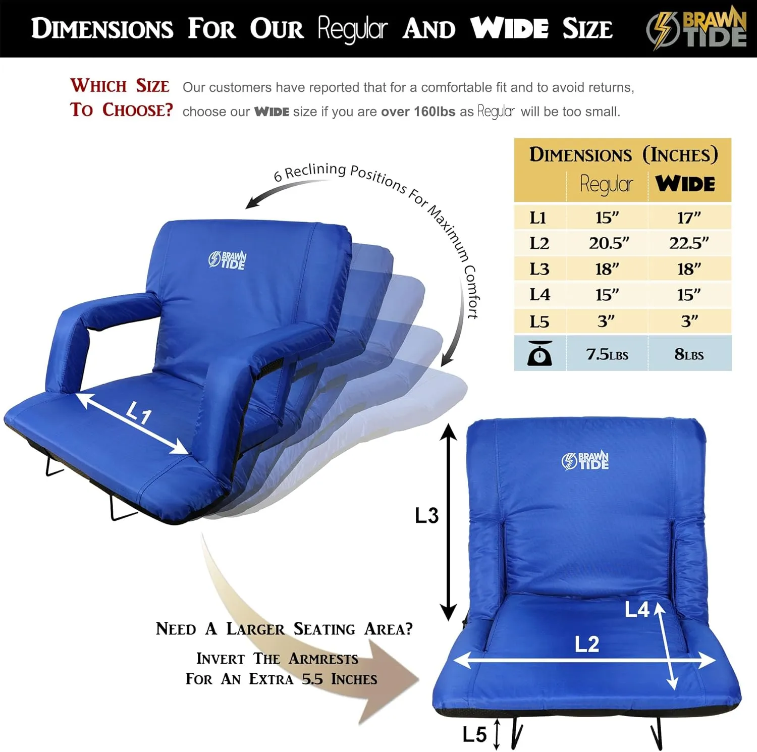 BRAWNTIDE Stadium Seat with Back Support - Comfy Cushion, Thick Padding, 2 Steel Bleacher Hooks, 4 Pockets, 2 Cup Holders, Reclining Back, Ideal Chair for Sport Events, Beaches, Camping, Concerts