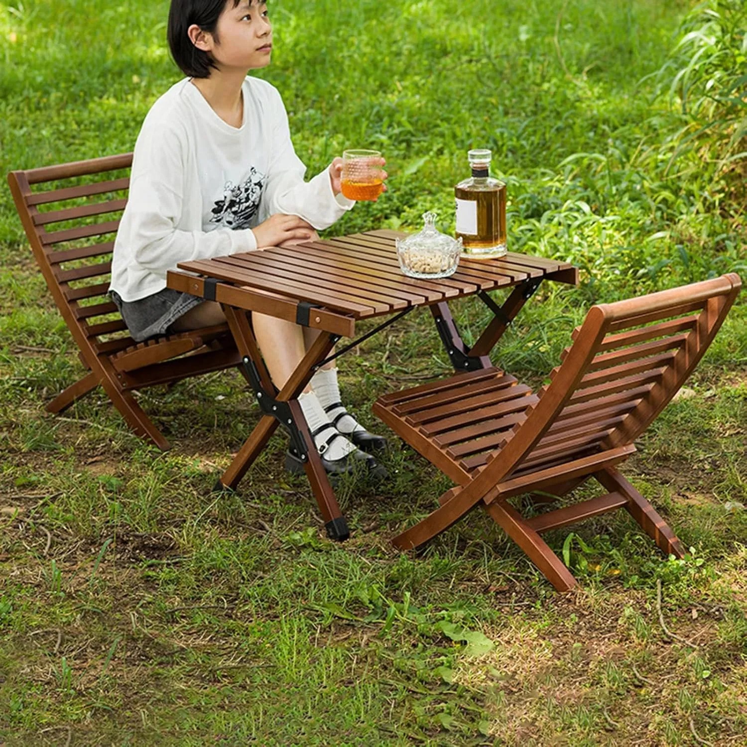 Brown Bamboo Folding Moon Chair - Ergonomic, Lightweight, Camping, Picnic, Beach, Patio Dining Chair