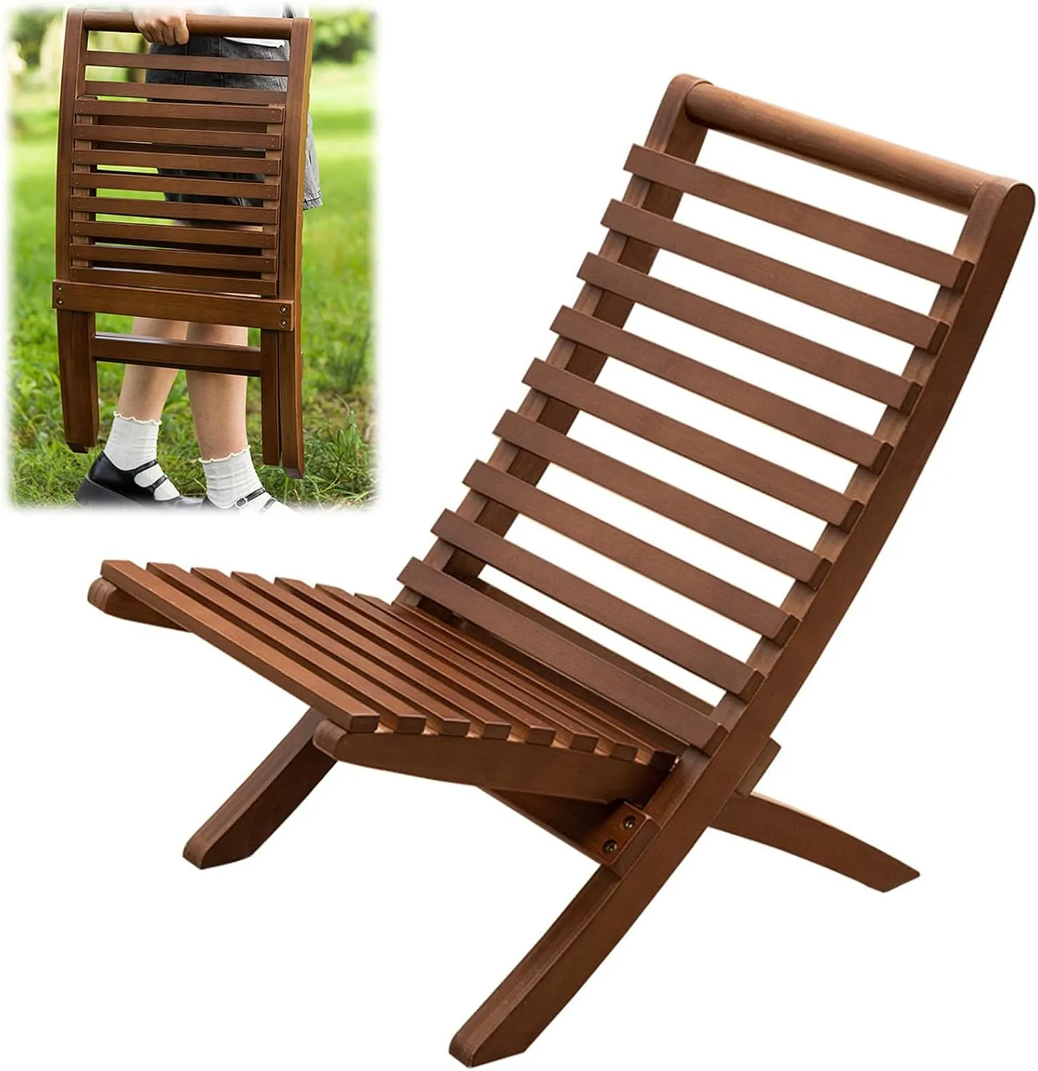 Brown Bamboo Folding Moon Chair - Ergonomic, Lightweight, Camping, Picnic, Beach, Patio Dining Chair
