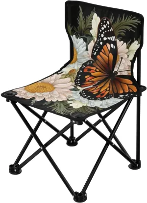 Butterfly Dragonfly Flower Portable Outdoor Folding Chair Anti-Slip Padded Oxford Cloth Stool Camping Chair Small for Beach Hiking Fishing Gardening Quad Camp Chair