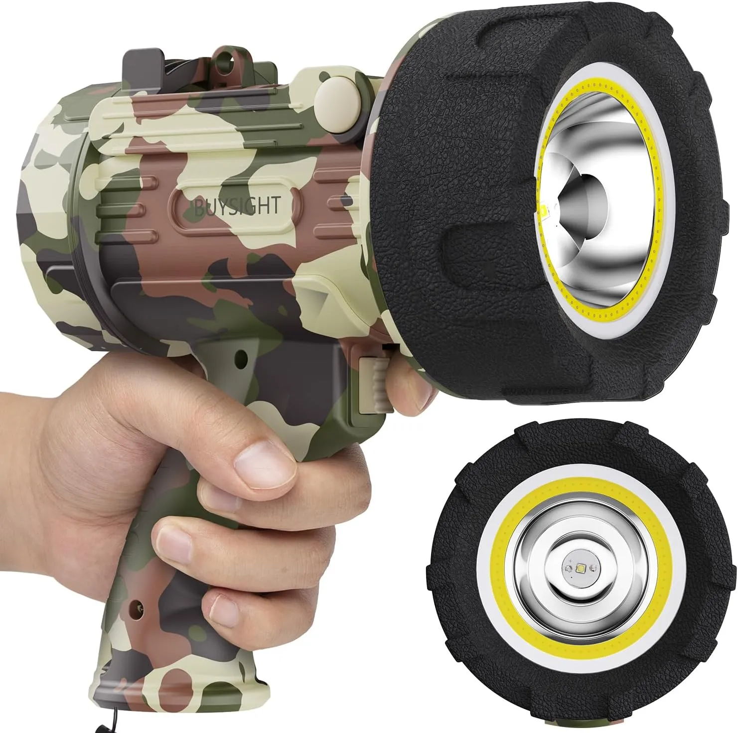 BUYSIGHT Rechargeable Spotlight Flashlight Floodlight,1200 lumens Hand held Spot Lights IP67 Waterproof COB Camping Lantern with red Filter(Camouflage Gray-COB)