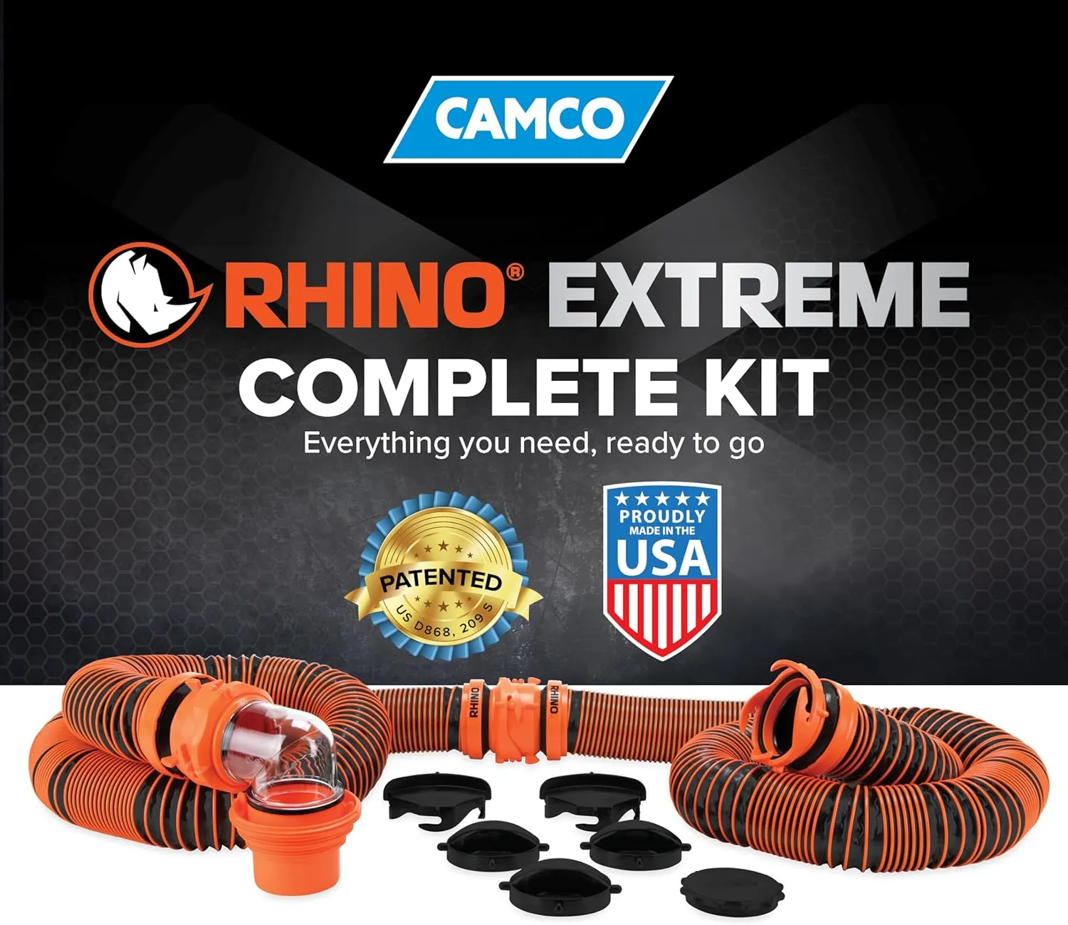 Camco RhinoEXTREME 20' RV Sewer Hose Kit – Premium Sewer Kit — Pre-Assembled & Ready-to-Use — Includes 4-in-1 Dump Station Adapter & Storage Caps — Crush & Abrasion Resistant (21012)