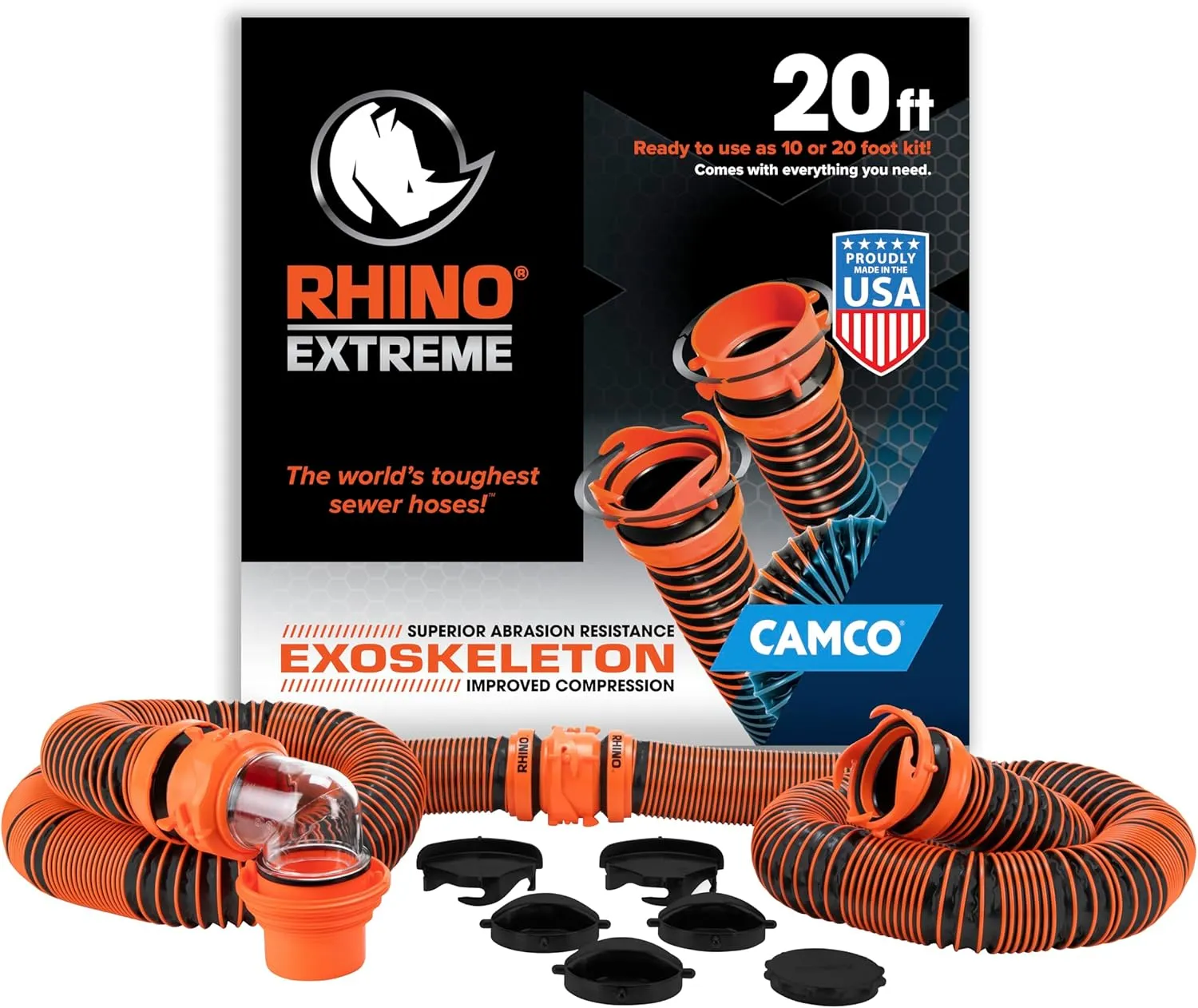 Camco RhinoEXTREME 20' RV Sewer Hose Kit – Premium Sewer Kit — Pre-Assembled & Ready-to-Use — Includes 4-in-1 Dump Station Adapter & Storage Caps — Crush & Abrasion Resistant (21012)