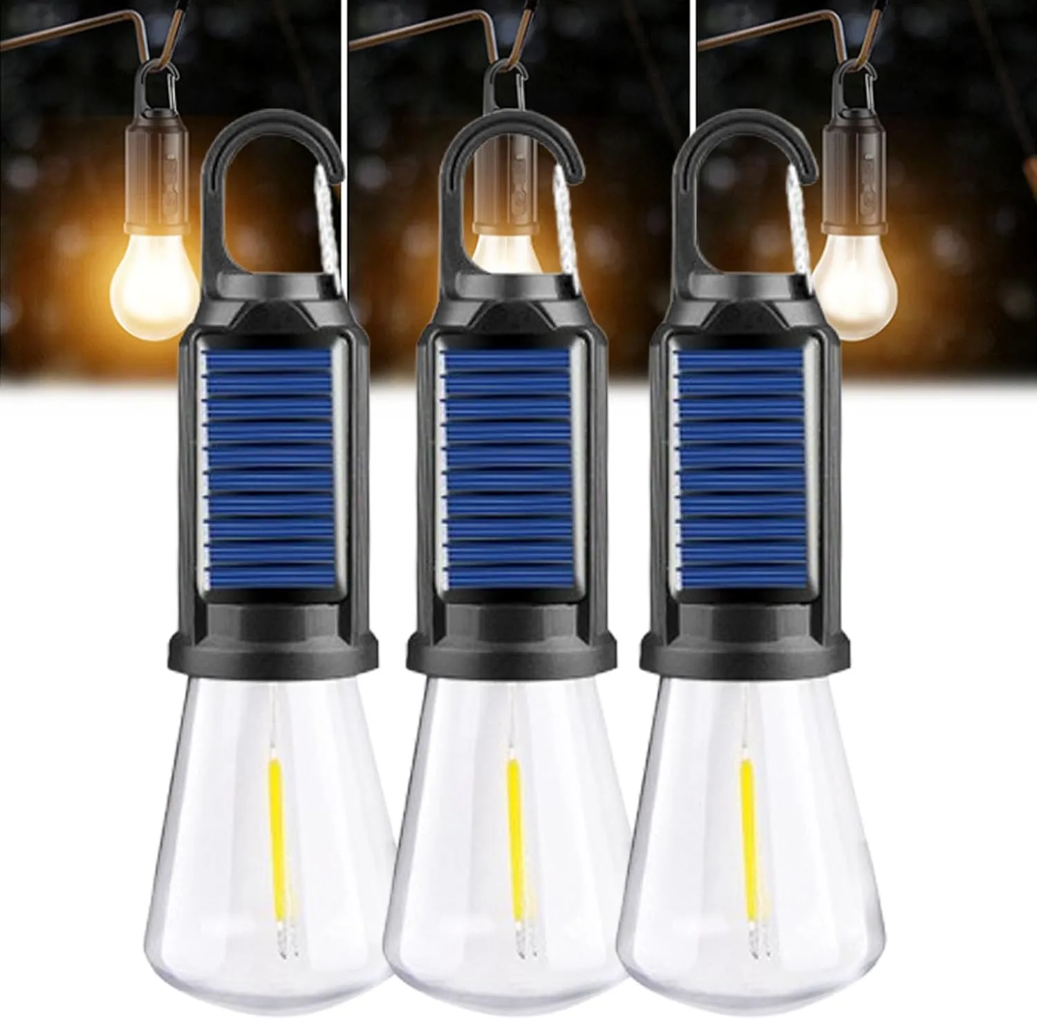Camp Bulbs, Camp Bulb Pack of 4, 3 Modes Solar Rechargeable Hooked Camping Light, Waterproof Tungsten Solar Lights Outdoor, for Hiking, Camping, Fishing (B, 3)