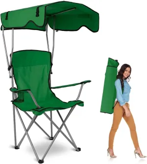 Camp Chair with Shade Canopy, Heavy Duty Max Shade Folding Camping Lawn Chair with Cup Holder, UPF 50  Sun Protection Portable Beach Lounge Chair for Outdoor Sports Support 330 LBS(Green)