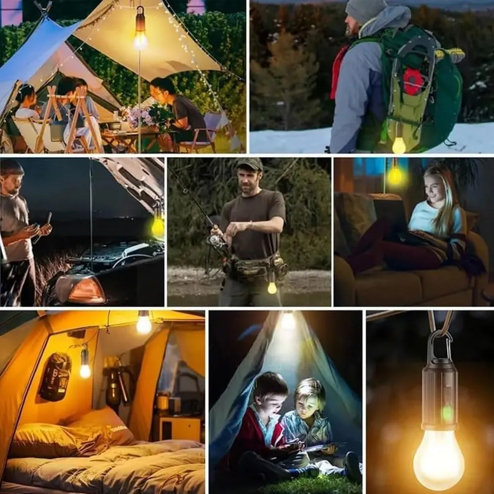 Camp Light Bulbs,Camp Bulb Pack,Solar Rechargeable Hooked Camping Light,Outdoor Household Tungsten Lights,Tent Lights Battery Powered with Clip Hook,for Hiking,Camping, Fishing(Spherical,2pcs)