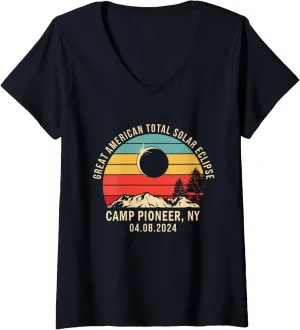 Camp Pioneer, NY New York Total Solar Eclipse 2024 V-Neck T-Shirt