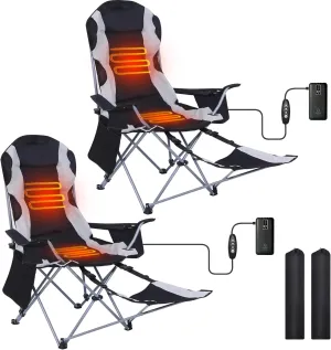 Camping Chair, Heated Camping Chair with Footrest, Foldable Chair for Adults, Cooler Bag, and Cup Holder for Camping, Patio, Events Power Bank Included (2-Pack)