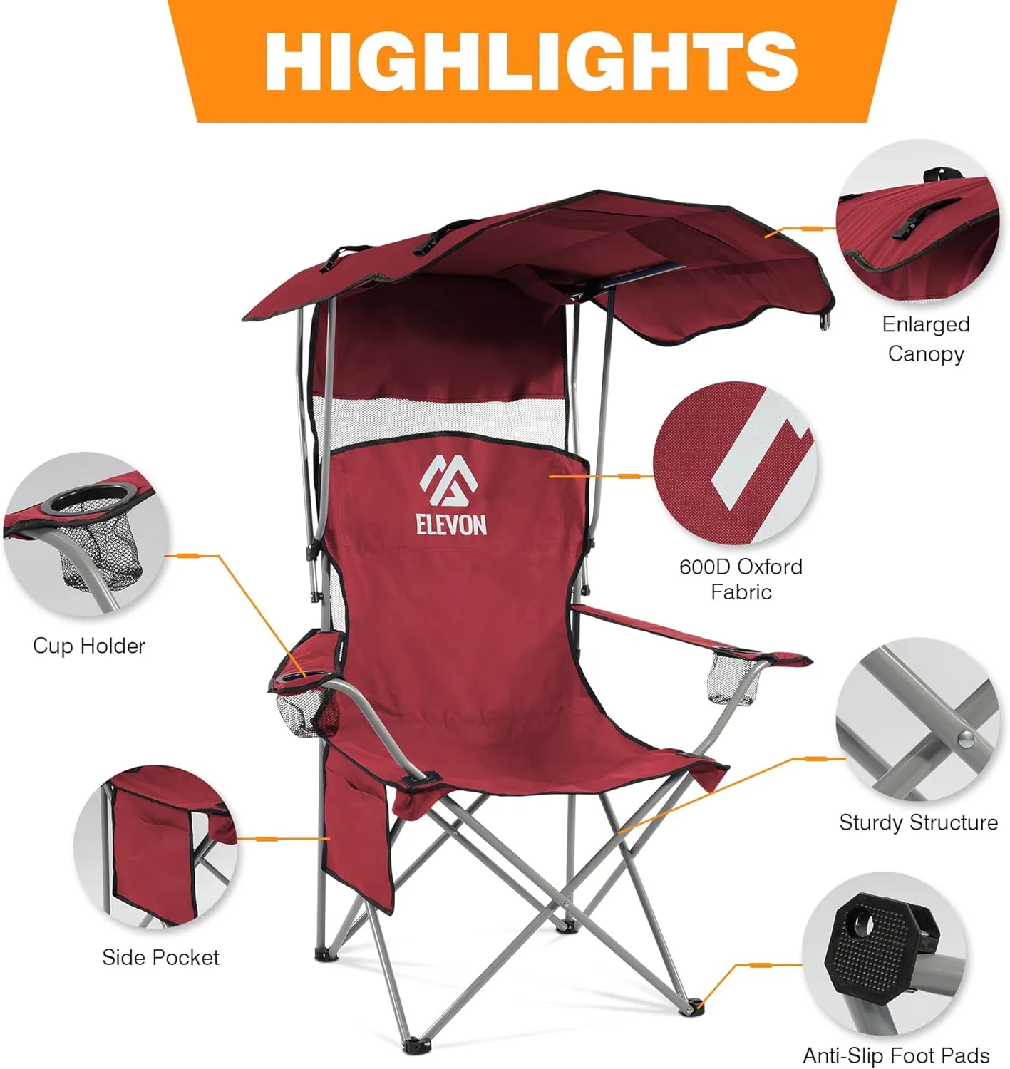 Camping Chair, Oversized Folding Chair with Canopy, Portable Outdoor Chair with Arms, Cup Holder and Carry Bag for Camping, Fishing, Beach, and Sports, Burgundy